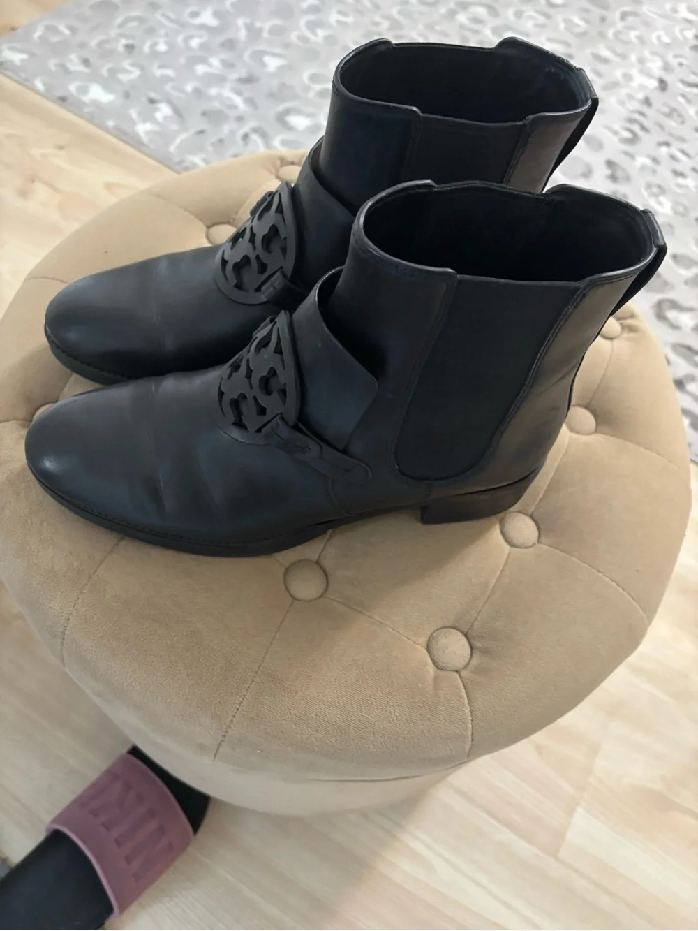 Tory Burch Black Leather Ankle Booties with Logo Medallion